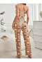 Bear Patterned Brown Strappy Crop Women's Pajama Set Bottom and Top Ysmn - 3
