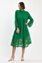 Women's Green Buttoned Placket Collar Sleeves and Skirt Laced Detail Dress