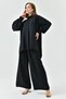 Women's Black Long Sleeve Shirt and Pleated Wide Leg Black Pants Bottom-Top Set 2051