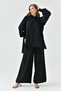 Women's Black Long Sleeve Shirt and Pleated Wide Leg Black Pants Bottom-Top Set 2051 - 8