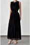 Black Lined Chiffon Fabric Stand Collar Back Low-cut Design Sleeveless Maxi Dress 099
