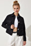 Women's Black Stylish Buttoned Woven Tweed Jacket with Pockets WF00063 - 4