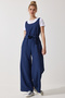 Women's Navy Blue Belted Linen Jumpsuit MC00282 - 3