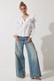Women's White Ruffle V-Neck Cotton Design Shirt UL00021 - 5