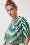 Women's Green Embroidery Detailed Striped 100% Cotton Crop Knitted T-Shirt CR00436 - 2