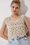 Women's Beige Openwork Summer Crop Knitwear Blouse TP00041