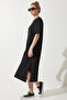 Women's Black Crew Neck Loose Comfortable Combed Cotton Dress BP00158