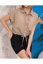 Women's Taupe color Sleeveless Lace-Up Cropped Linen Shirt - 2