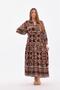 Women's Brown Button Detailed Placket Collar Ethnic Patterned Sleeve Elastic Balloon Sleeve Long Dress - 2