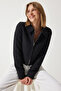 Women's Black Zippered Shirt Collar Tweed Jacket WF00069 - 2