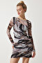 Women's Brown Patterned Gathered Mini Chiffon Dress SF00020
