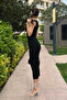 Women's Black Ribbed V-Neck Basic Midi Length Knitwear Dress - 3