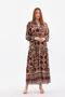 Women's Brown Button Detailed Placket Collar Ethnic Patterned Sleeve Elastic Balloon Sleeve Long Dress