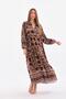 Women's Brown Button Detailed Placket Collar Ethnic Patterned Sleeve Elastic Balloon Sleeve Long Dress - 3