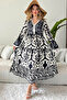 Women's White Pompom Detailed V-neck Pompom Flywheel Sleeve Ethnic Patterned Long Dress