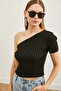 Women's Black Single Shoulder Thick Corded Short Sleeve Knitwear Blouse BLZ-19002623 - 3