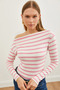 Women's Pink Striped Premium Soft Touch Boat Neck Stretchy Blouse BLZ-19002448 - 5