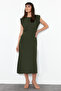 Khaki A-line Midi Woven Dress TWOSS24EL00601