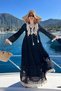 Women's Black Beige Placket Collar Sleeve and Hem Lace Pompom Detailed Lined Long Dress - 3