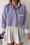Women's Shirt - Cuff and Pockets Garnished - Striped Oversize Crop Woven Shirt - 4