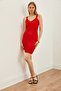 Women's Red V-Neck Openwork Detailed Ribbed Mini Knitwear Dress ELB-19002142 - 2