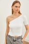 Women's White Single Shoulder Thick Corded Short Sleeve Knitwear Blouse BLZ-19002623 - 2