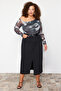 Anthracite Tulle Lined Abstract Patterned Asymmetric Collar Knitted Plus Size Blouse Tbbss24Af00025 - 2