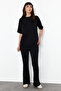 Siyah %100 Pamuk Oversize Kalıp İspanyol Paça Örme T-shirt/Pantolon Alt-Üst Takım TWOSS24AU00059