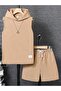 Unisex Label Printed Sleeveless Hooded T-Shirt and Shorts Top and Bottom Set