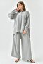 Women's Gray Long Sleeve Shirt and Pleated Wide Leg Black Pants Bottom-Top Set 2051 - 2