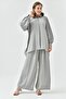 Women's Gray Long Sleeve Shirt and Pleated Wide Leg Black Pants Bottom-Top Set 2051
