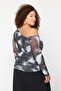 Anthracite Tulle Lined Abstract Patterned Asymmetric Collar Knitted Plus Size Blouse Tbbss24Af00025 - 6
