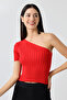 Women's One Shoulder Knitwear T-Shirt Red - 2