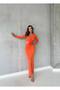 Women's Orange Imported Crepe Fabric Waist Low-cut Gathered Slit Rose Detail Design Dress