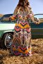 Elastic Sleeves Ethnic Pattern Belted Dress - 4
