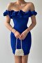 Women's Atlas Fabric Ruffled Collar Design Saxe Blue Mini Evening Dress 223 - 4