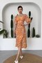 Women's Orange Floral Print Fabric Button and Slit Design Princess Sleeve Midi Dress 255