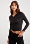 Briana Women's Semi-Glossy Polyester Flexible Fabric Double Breasted Closed Collar Black Blouse - 3