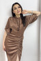 Women's Tan Satin Balloon Sleeve Draped Slit Detailed Dress - 2