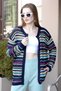 Round Neck Long Sleeve Openwork Perforated Color Block Striped Summer Knitwear Cardigan