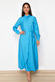 Turquoise Side Tie Button Woven Shirt Linen Look Dress Tctss22Eb0025