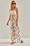 Ecru Linen Trousers - Patterned and Elastic Waist, Women's,60101056