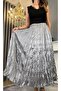 Gray Wrinkled Satin Skirt with Elastic Waist - 5