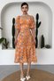 Women's Orange Floral Print Fabric Button and Slit Design Princess Sleeve Midi Dress 255 - 6