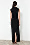 Siyah Drapeli Fitted/Vücuda Oturan Dik yaka Kolsuz Esnek Örme Maxi Kalem Elbise TWOSS24EL00830 - 6