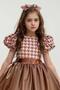 Girl's Balloon Sleeve Houndstooth Patterned Leather Skirt Tulle Detailed Tan Dress - 7