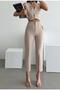 Zr Model Beige Collared High Waist Fabric Trousers Life Style