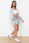 Light Blue Elastic Waist High Waist Denim Shorts TWOSS24SR00133 - 3