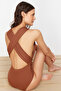 Brown Draped Deep V-Neck Covered Hipster Swimsuit Tbess21Ma0041 - 6