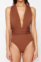 Brown Draped Deep V-Neck Covered Hipster Swimsuit Tbess21Ma0041 - 4